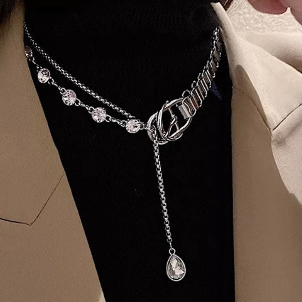 WHITE GOLD PLATED BUCKLE PUNK CHAIN RHINESTONE DROP CHOKER NECKLACE - Picture 5 of 9